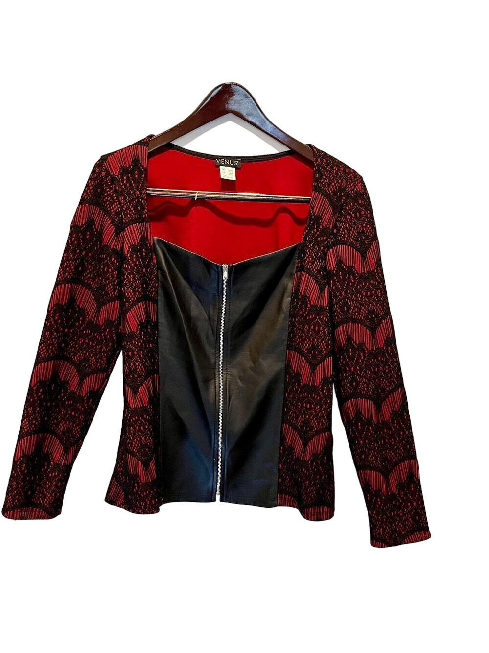 VENUS Vegan Leather Top Zip up Red Black Lace Overlay Size L  Romantic Goth girl